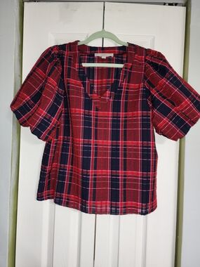 LOFT Red and Navy Plaid V-Neck Puff Sleeve Blouse XS